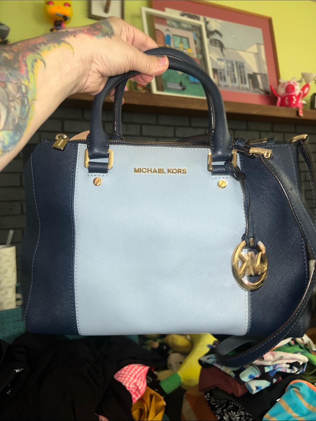 Michael Kors Two-Tone Light Blue And Navy Saffiano Satchel With Gold Hardware